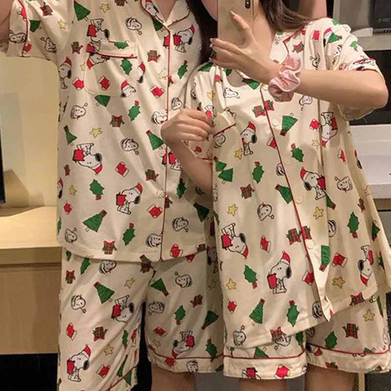 Kawaii Cute Snoopy Stitch Pajamas Summer Pure Cotton Collar Short Sleeved Shorts Set Couple Home Clothes Gifts Girlfriend Gifts