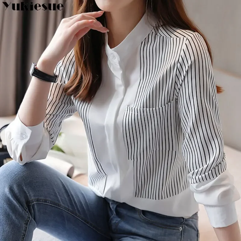 

Women Spring Summer New Long Sleeve Loose Pocket Stripe V-neck All-match Chiffon Shirt Simple Office Lady Commuting wind Top