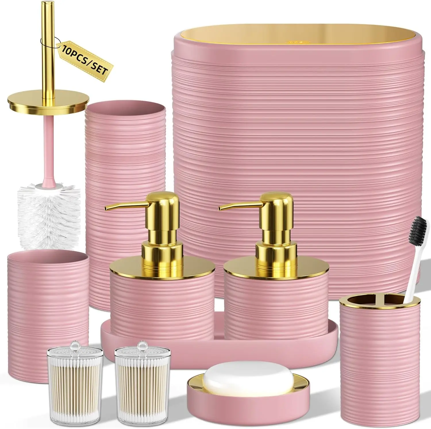 

10PC Pink and Gold Bathroom Accessory Set with Trash Can, Soap Dispensers - Elegant Decor