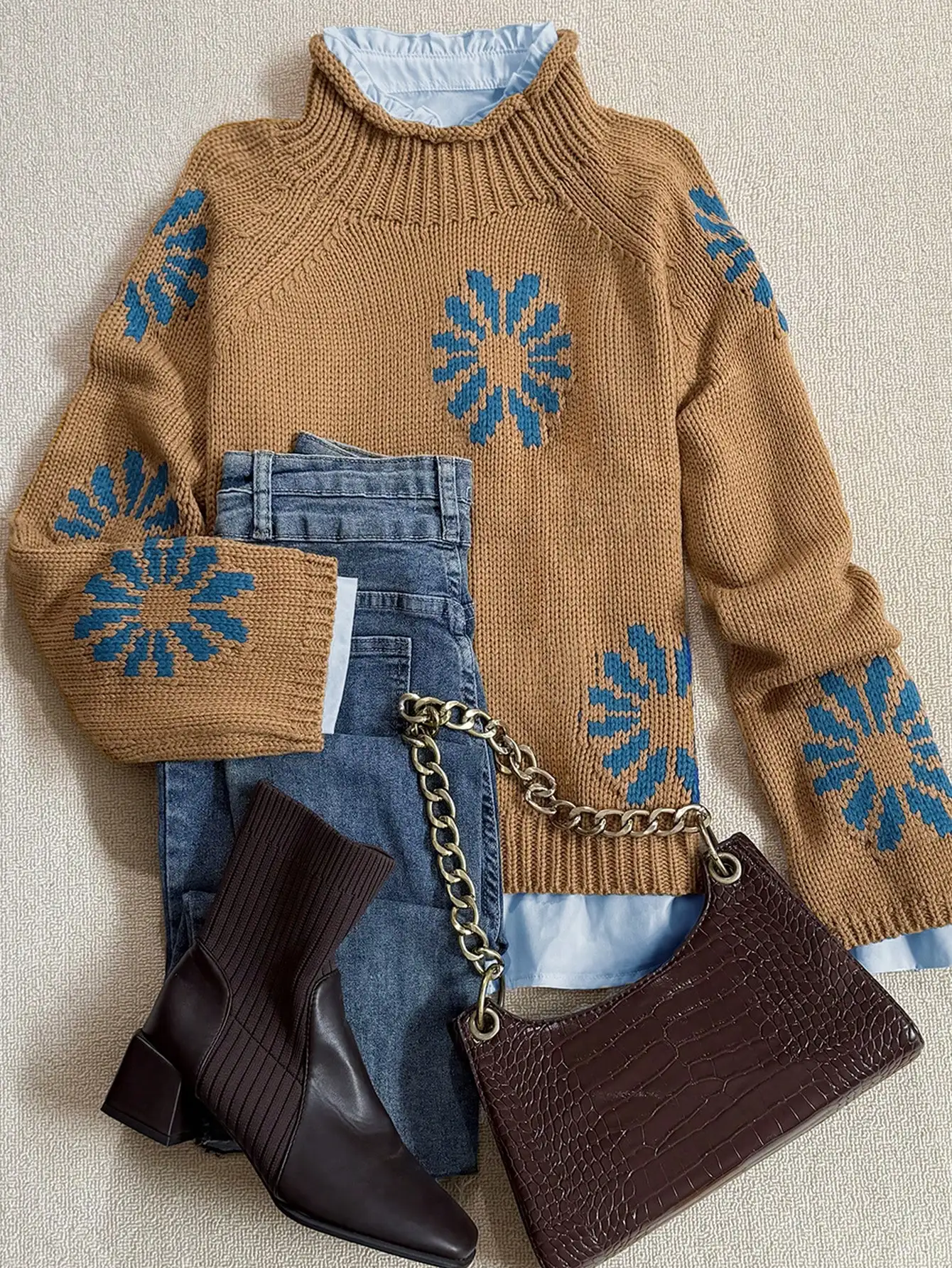 

Autumn Winter Casual Warm Apricot Floral Knit High Neck Loose Sweater Pullover