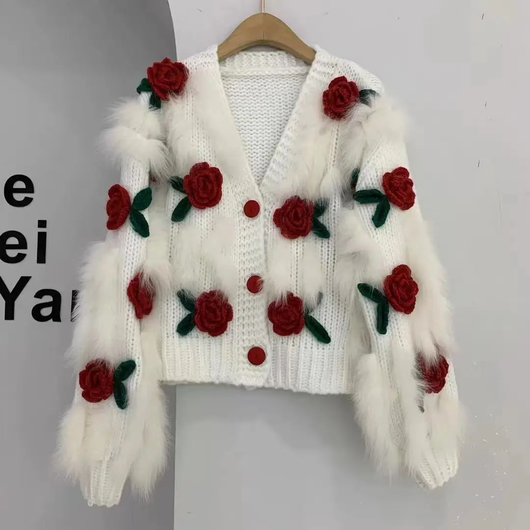 Spring Autumn  Womens Soft Embroidered Rose Sweater Cardigan Knitted Coat