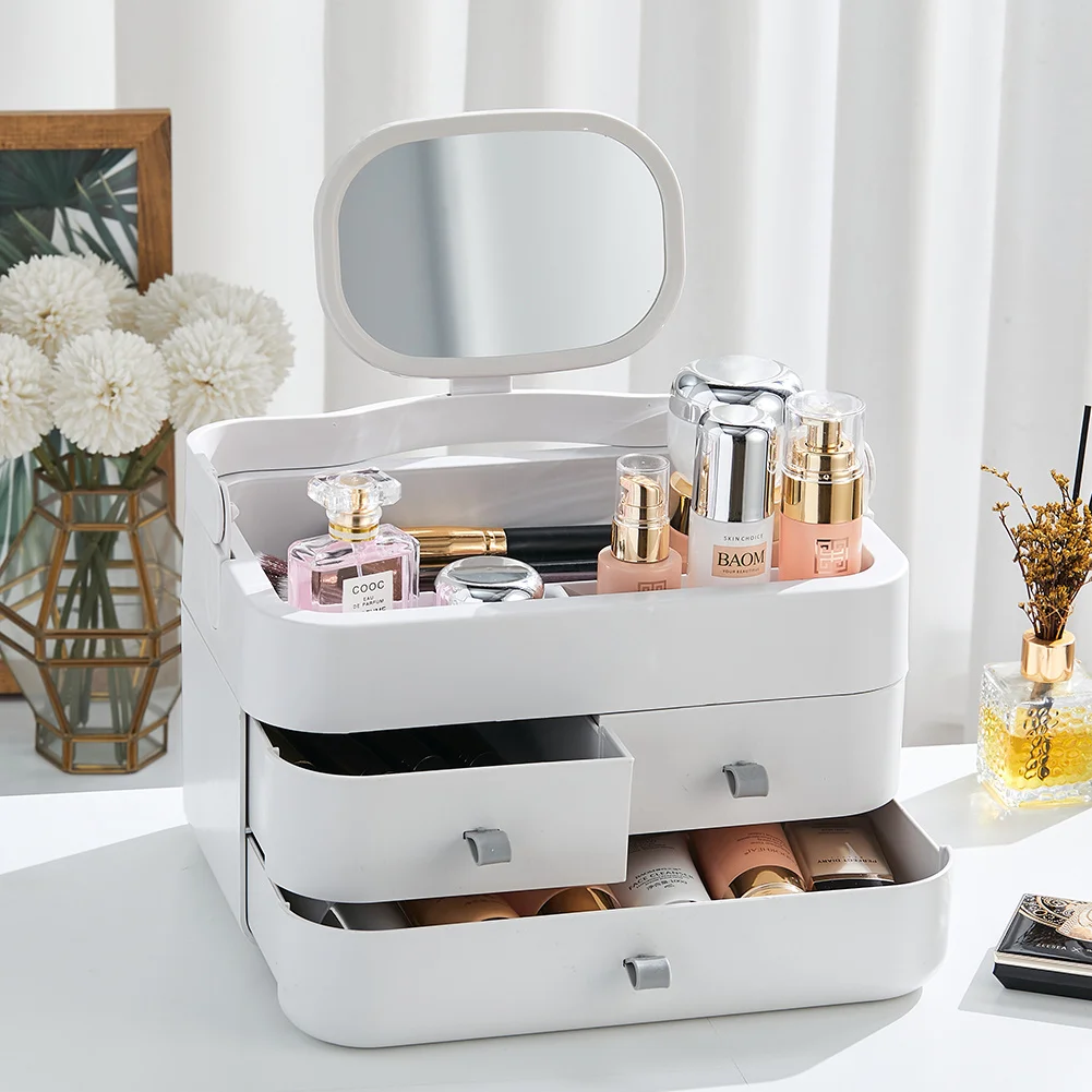 White Makeup Organizer with Mirror and Drawers