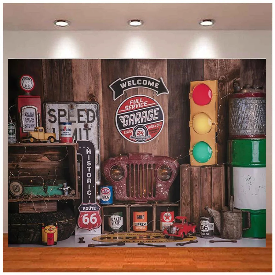 Fotografia sfondo magazzino riparazione auto meccanico bambino 1 ° compleanno torta Smash Decor sfondo Banner Poster Studio fotografico