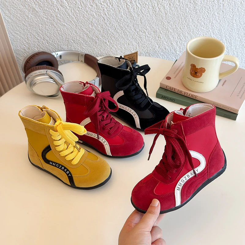 

Детские весенне-осенние модные новые мягкие прогулочные ботинки до середины икры на плоской подошве со шнуровкой, школьные повседневные крутые кроссовки для школьников