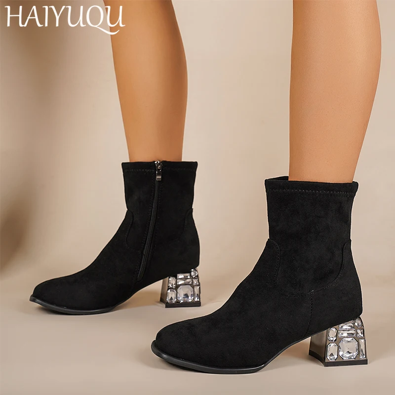 Suede Women Ankle Snow Boots Crystal Elegant High Heels Shoes Woman 2025 Trend Winter Pumps Goth Motorcycle Boots Mujer Botas