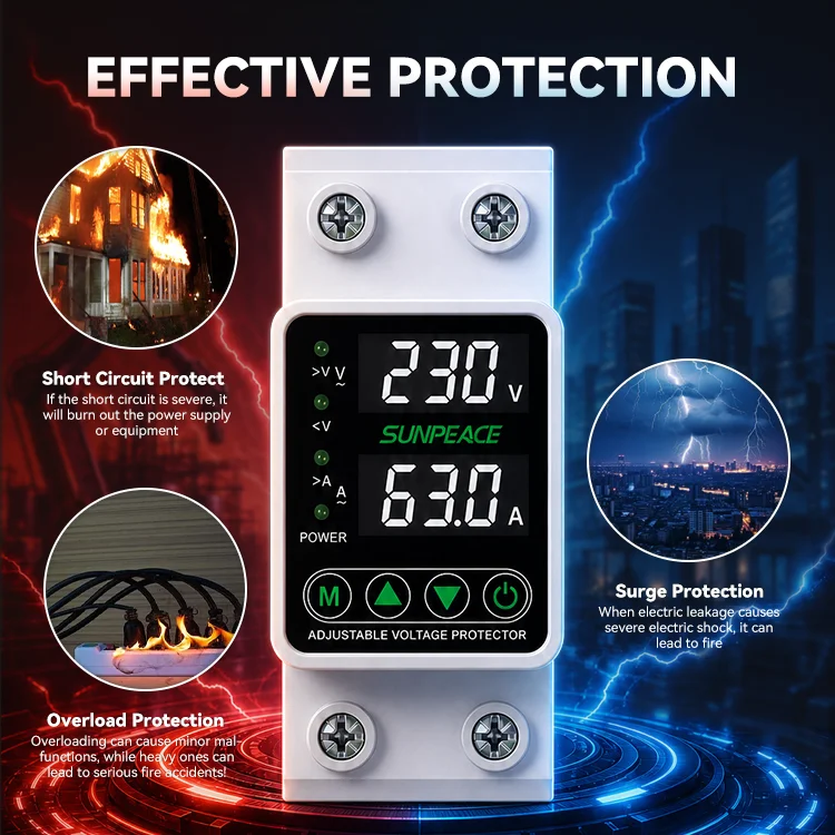 DIN Rail Dual Display Adjustable Over Voltage Current And Under Voltage Protective Device Protector Relay 40A 63A 220V 230V