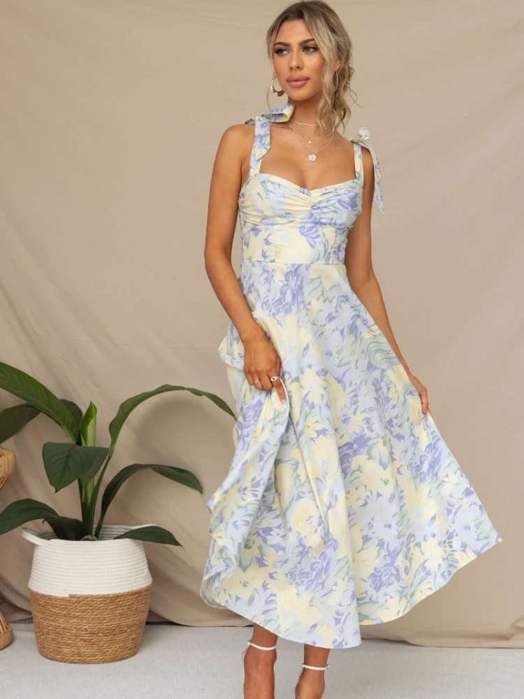 Robe longue à imprimé floral vert pour femmes, grande taille, col en V, style bohème décontracté, tenue de plage et de soirée, printemps été, 2024