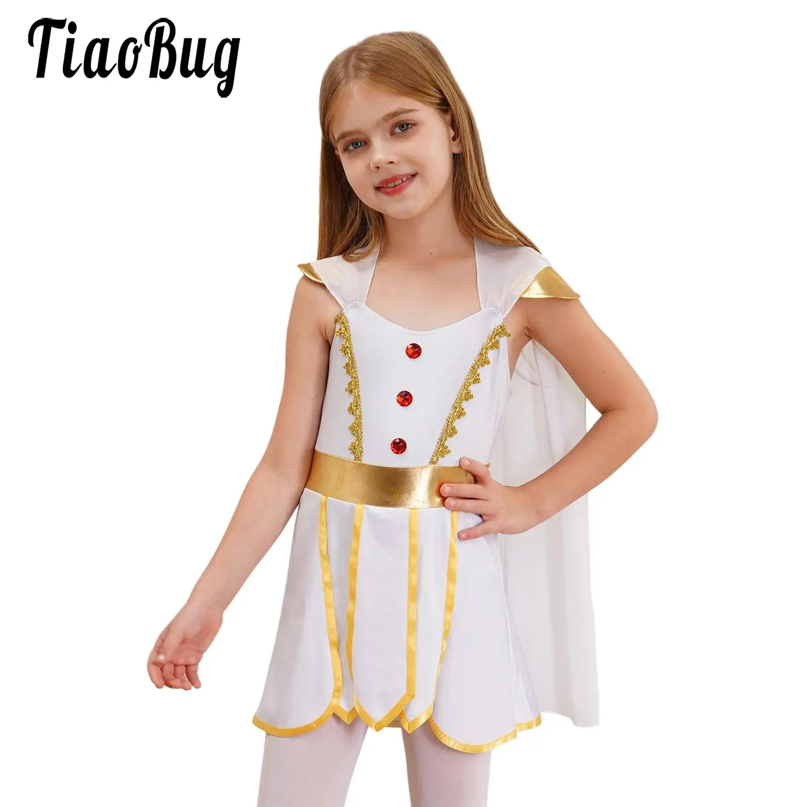 Teens Girls Grecian Bodysuits Dress Ancient Toga Costume Greek Queen Tulle Dress with Wristbands for Halloween Carnival Party