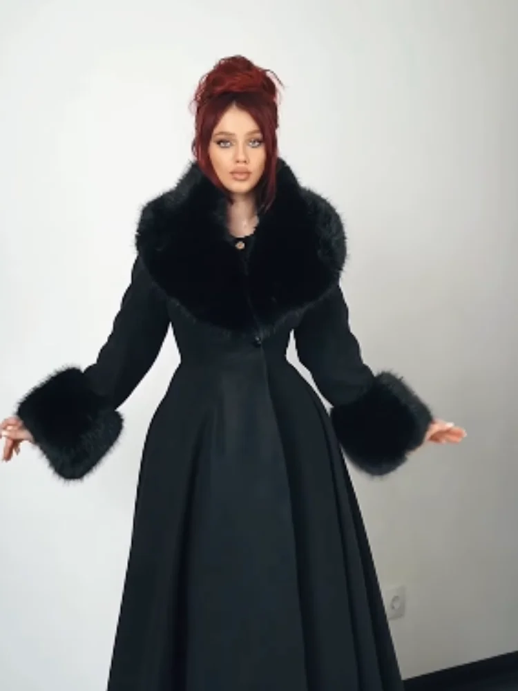 Elegant Retro Black Coat Oversized Faux Fur Collar Stylish Long Overcoat Ladies Autumn Outfit Party Street Outerwear