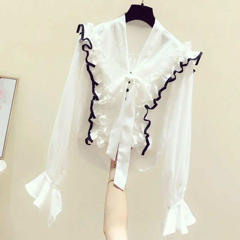 Bow Chiffon Ruffles Patchwork Women Shirts Flare Sleeved Solid Office Lady Elegant Outwear Tops Shirt New 2024