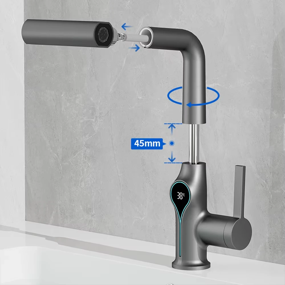 Digital Display Waterfall Faucet for Bathroom Sink Hot Cold Water Mixer Wash Tap with Lift up down Stream Sprayer