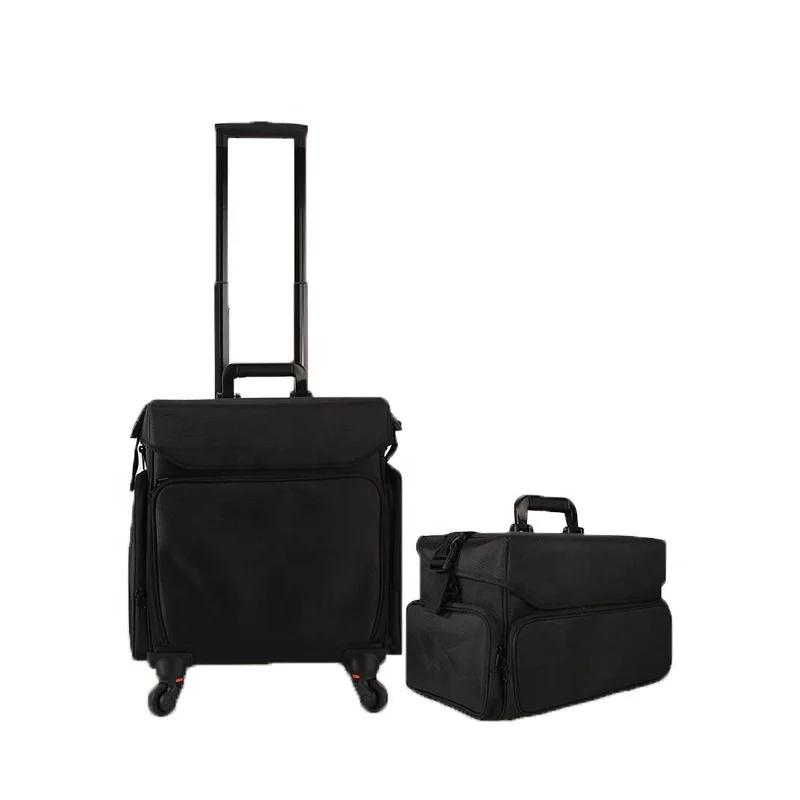 Factory Black Oxford Cloth Trolley  Cosmetic Train Case with Rolling for Makeup Artist