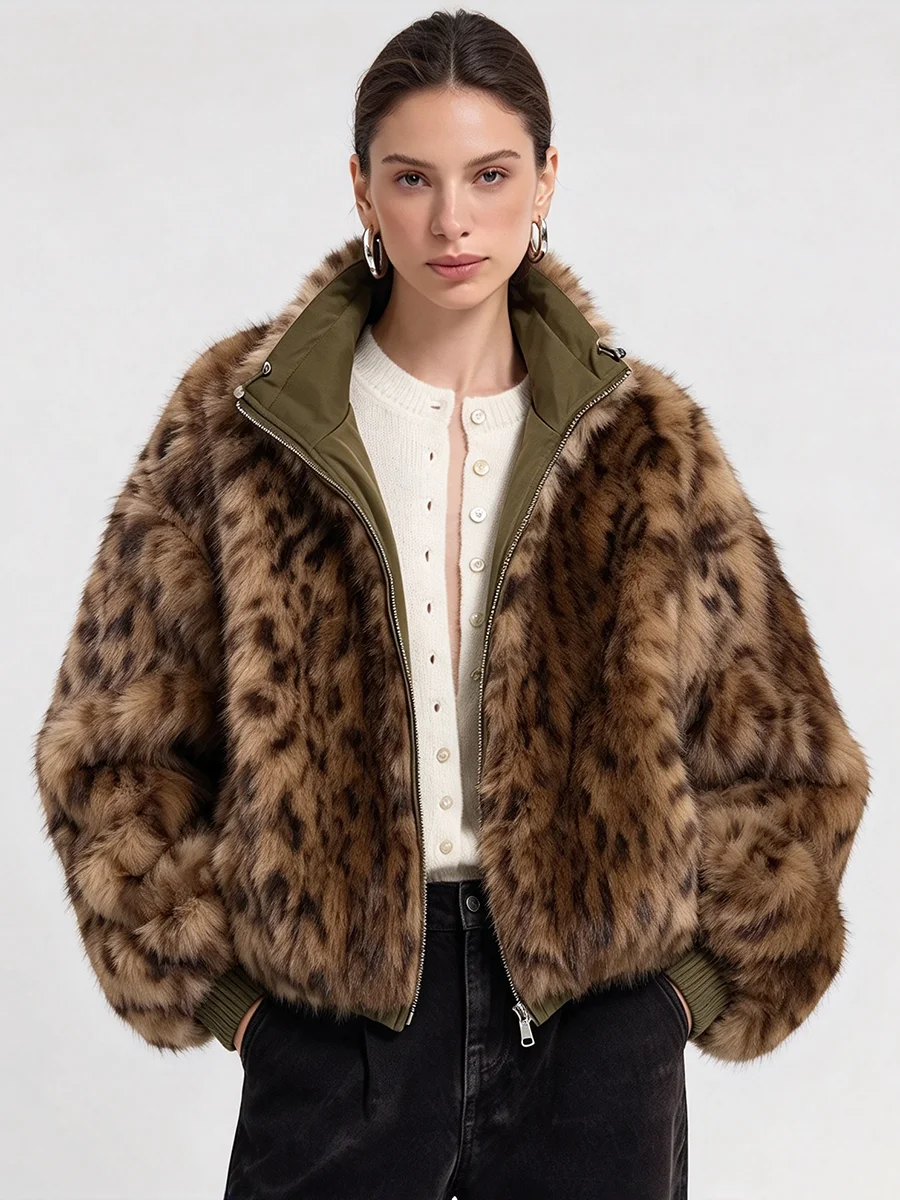 LIMO Women Reversible Leopard Faux Fur Jacket Stand Collar Zip Up Double Sided Winter Coat