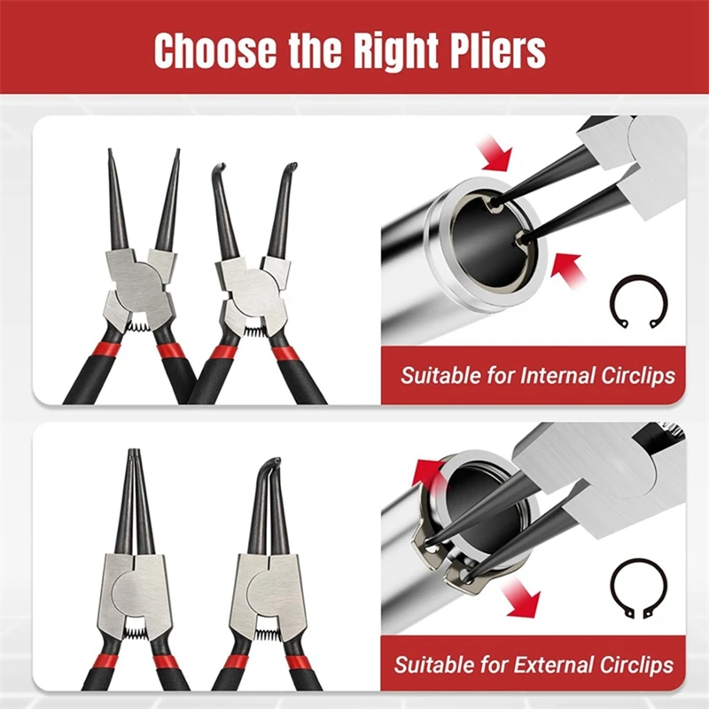 DT16 4Pcs 7 Inch Snap Ring Pliers Set Internal External Circlip Plier Straight Bent Jaw C Clips Automotive Tool