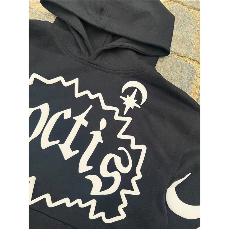 2025 Nuovo autunno/inverno europeo e americano Luna stampata serie Hip Hop stile astratto felpa con cappuccio pantaloni legati