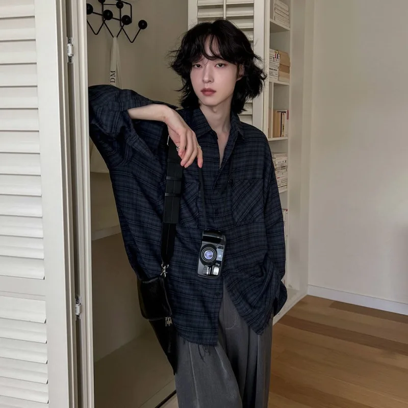 

Retro plaid long-sleeved shirt men's spring loose casual shirt Korean version trend lazy style wear