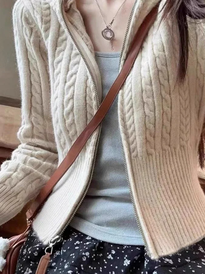 Femmes automne hiver ort tricoté pull manteau décontracté Sle coupe ajustée doux au toucher fermeture éclair torsion tricot vêtements intérieurs tricot Cardigan