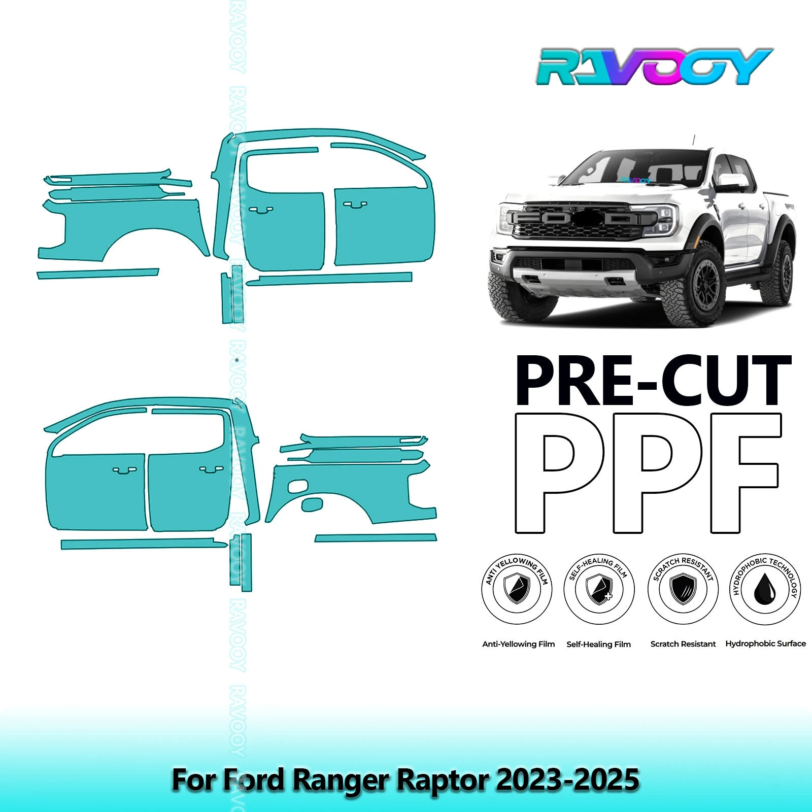 

For Ford Ranger Raptor 2023-2025 8.5mil Clear Matte Pre-Cut PPF Door & A/B Pillar Kit TPU Paint Protection Film Set