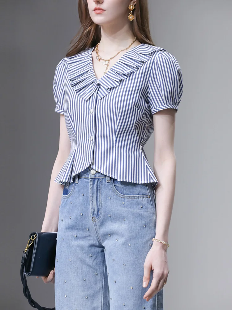 

Fashionable Versatile Anti-Aging Pleated Doll Collar Bubble Sleeve Shirt Women's Summer 2026 Stylish Clothing Nylon Cotton Blend