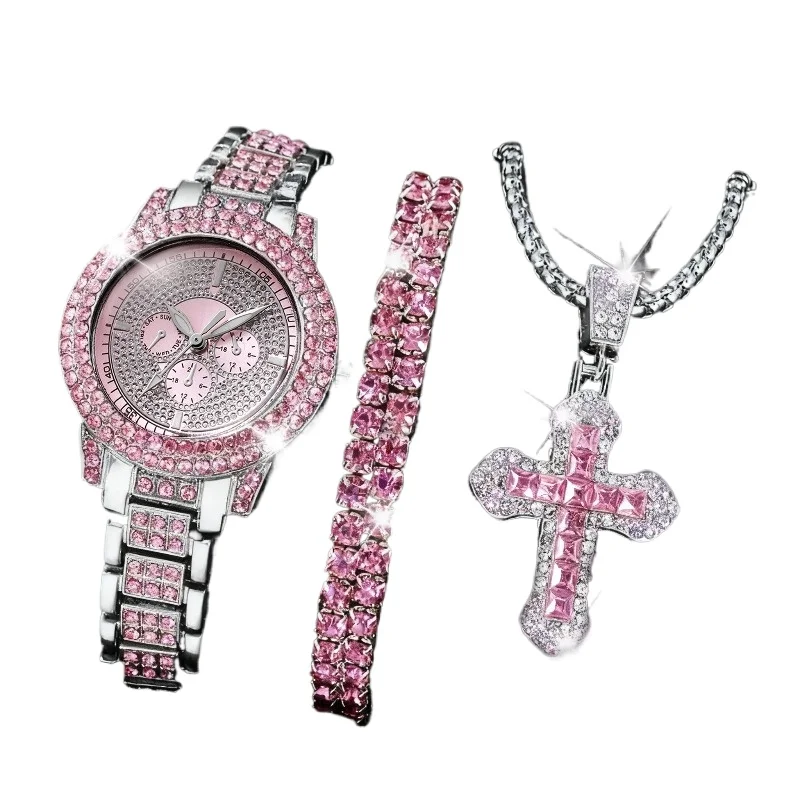 3PCS Luxury Rhinestone Women's Quartz Watch Elegant Diamond Jewelry Set Steel Ladies Wristwatch Reloj Mujer without Box