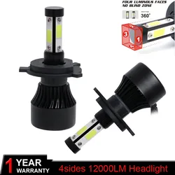 2Pcs New 4Sides H4 H7 H1 H3 H11 9005 9006 LED Car Headlight Bulbs 4 COB Chip 6500K 100W 20000LM 12V Headlamp Foglight