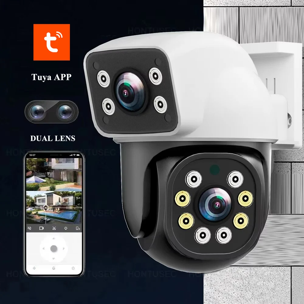 Tuya APP 4K 8MP Dual Lens Dual Screen WIFI PTZ 4MP Wireless Security Camera Outdoor IP66 Auto Tracking Surveillance Cameras