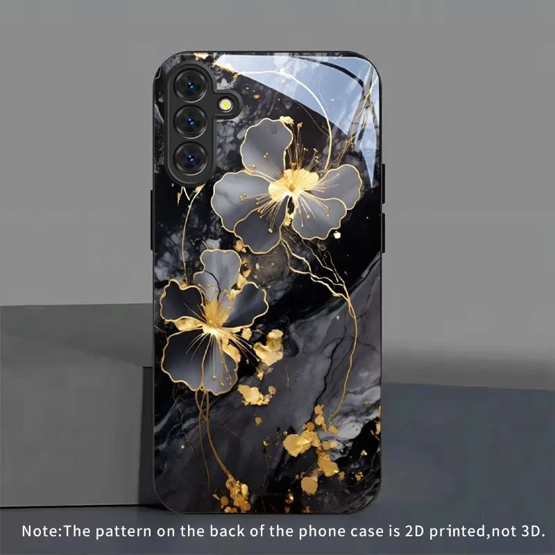 Black gold floral marble glass phone case suitable for Samsung Galaxy S26 S25 S24 S23 S22 S21 S20 FE/Ultra/Plus anti drop