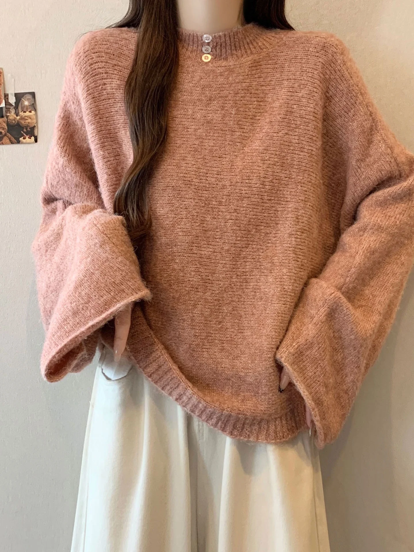 

Суперсвободный вязаный свитер большого размера розового цвета с длинными рукавами для женщин: комфортный повседневный топ для осени и зимы