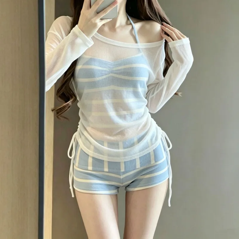 Blue striped three-piece flat-angle swimsuit resort style seaside long-sleeved blouse