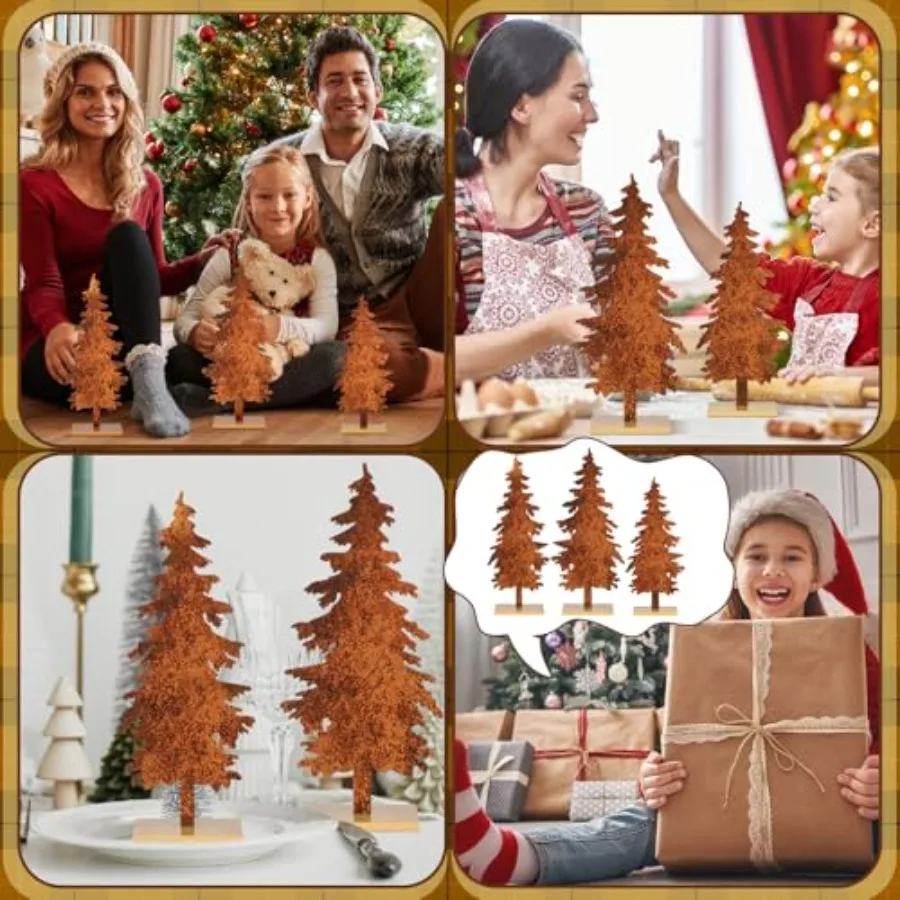 3 قطعة شجرة الصنوبر المعدنية الخريف منضدية ديكور خمر أشجار عيد الميلاد الجدول محور مع قاعدة خشبية ريفي مزرعة الدائمة