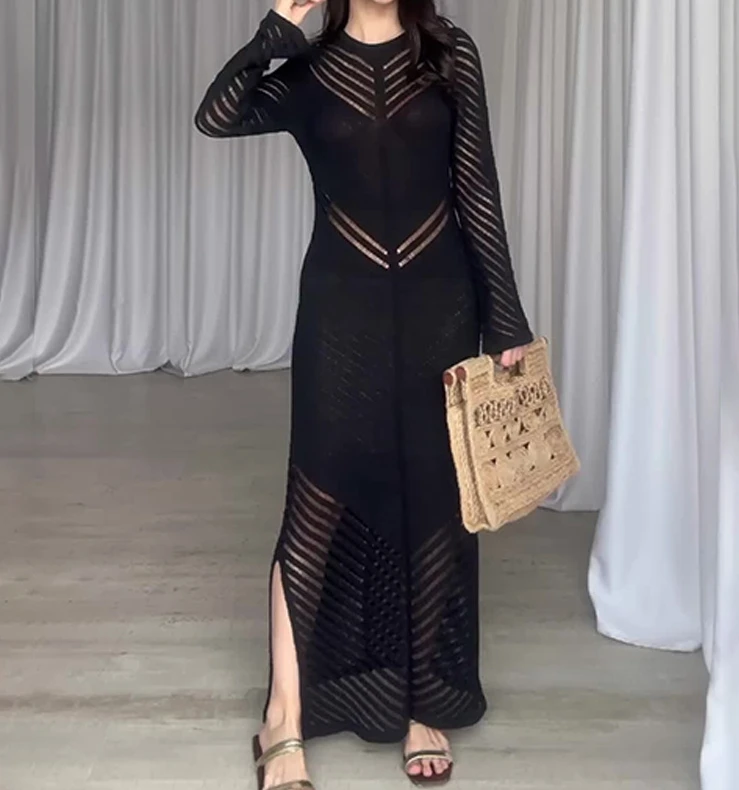 

Beautiful Girl 2024 Spring Round Neck Hollow Casual Single Color High Waist Long Sleeve Tight Daily Dress In Stock