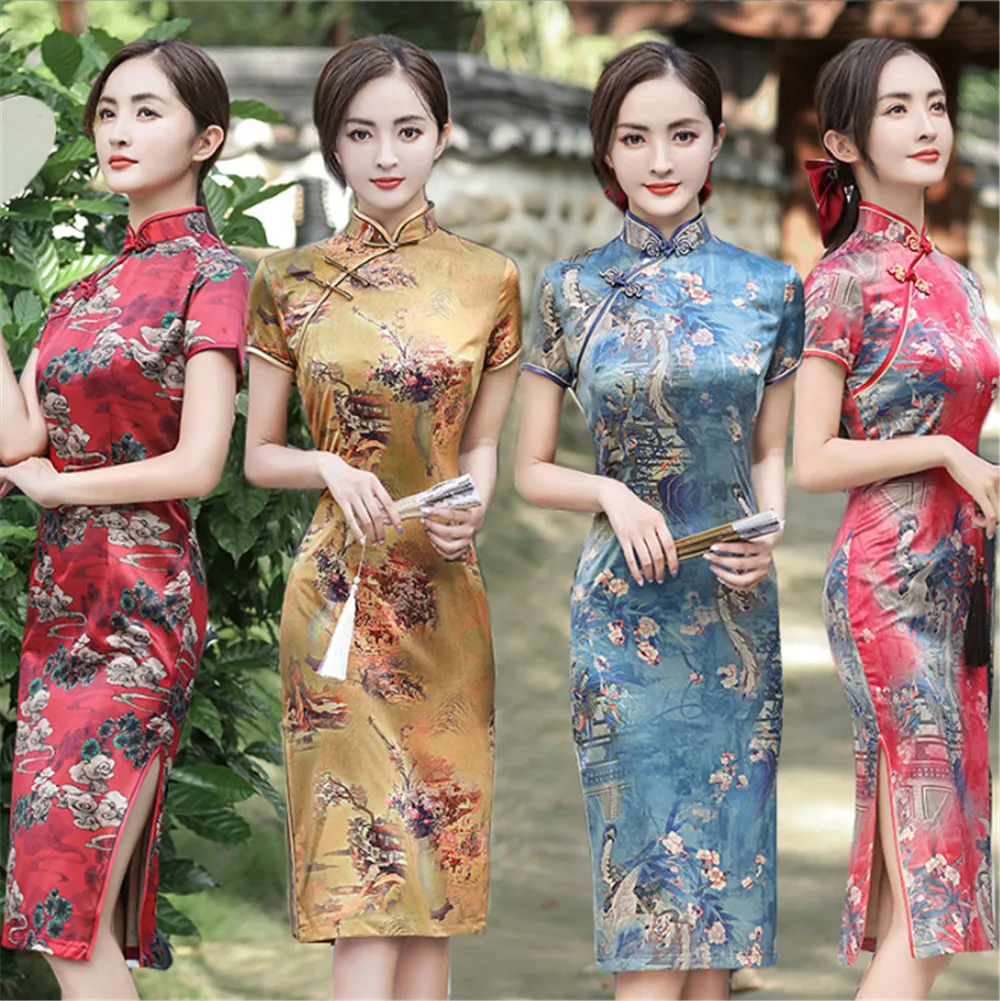 

Traditional Spring Mandarin Collar Ice Silk Qipao Short Sleeves Mid-Length Chinese Cheongsam Dress