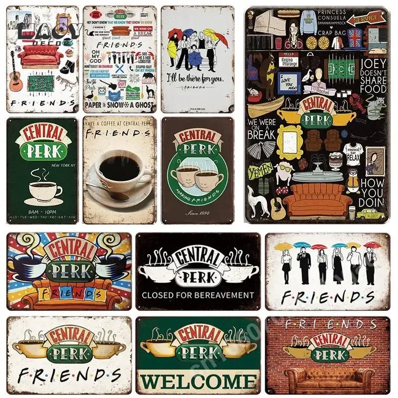 Central Perk Friends Metal Signs Decor Posters for Bedroom Club Tin Sign Decorative Plaques Painting Wall Aesthetical Decoration