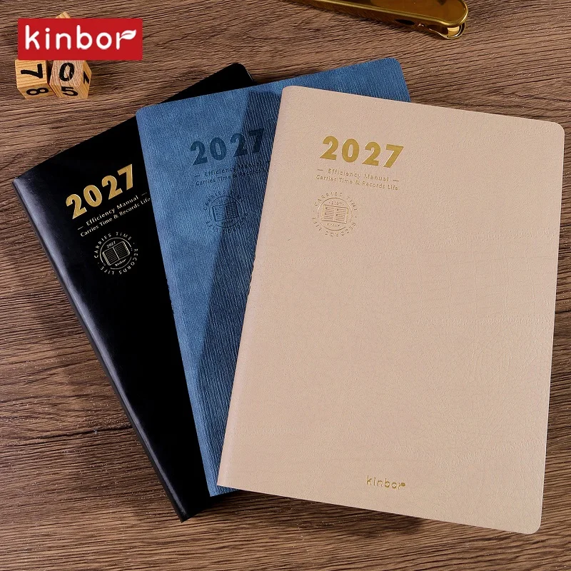 Kinbor 2027 A5 Efficiency Planner 2 Days Per Page Agenda Notebook PU Leather Hot Stamping Cover Habit Tracker Monthly Goal