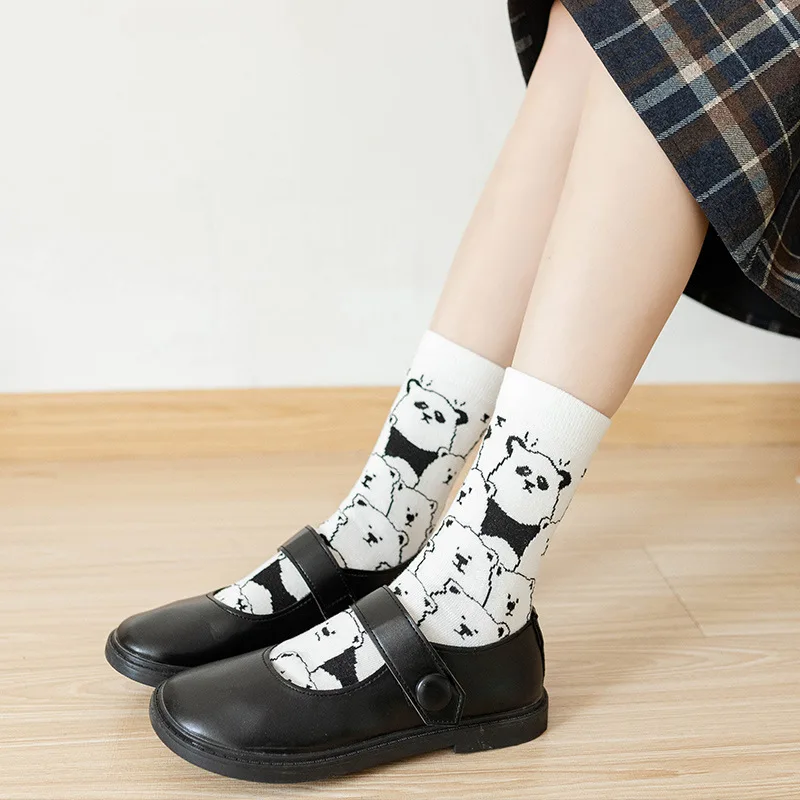 3 Pairs New Fashion Spring Autumn Cute Socks for Women Girls Panda Striped Flower Pattern Cotton Soft Middle Tube Sock