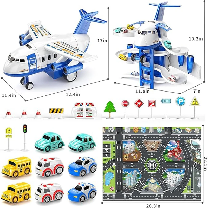 TEMI Kids Airplane & Race Track Toys For 3-7 Boys, 2-6 Toddlers. 8 City Cars, Garage Playmat. Birthday Gift For Girls.