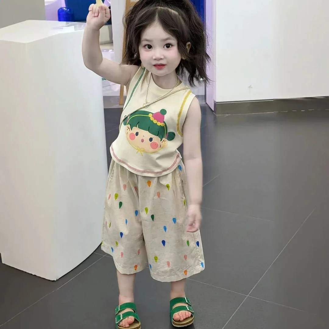 

Girl's Summer Sweet Set Cartoon Sleeveless Tank Top+Colorful Pants Baby and Children's Fashion Clothing