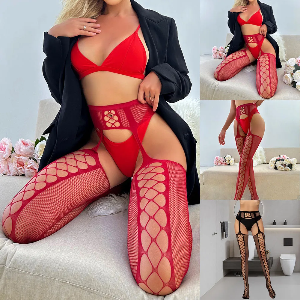 Fashionable Thigh High Fishnet Stockings for Women Hollow Out Crotchless Legging Hosiery Black or Wine Red Color