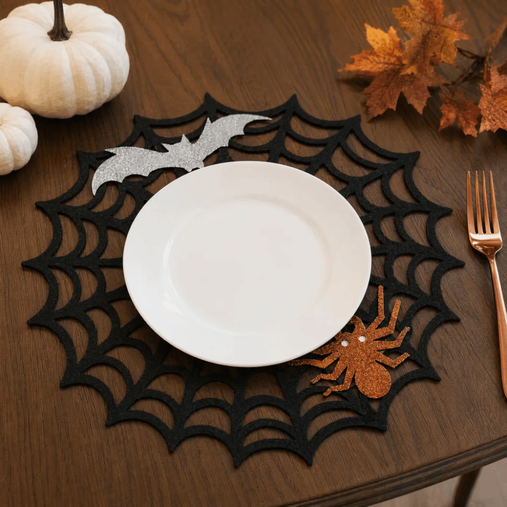 Non-slip Halloween Spider Web Placemat Waterproof Hollow Out Spider Web Coaster Soft Heat-Insulating Felt Cup Mat Dining Table