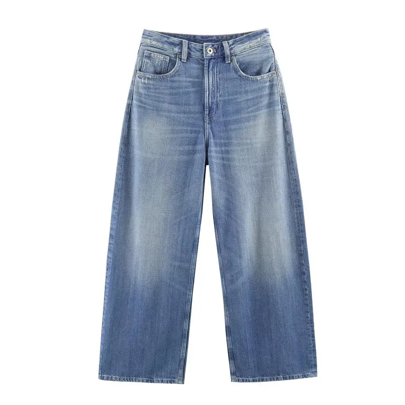 High Waist Wide Leg Leather Pocket Denim Pants Long Trousers Women's Fashion Spring New Arrival 2026 Winter Casual Jeans