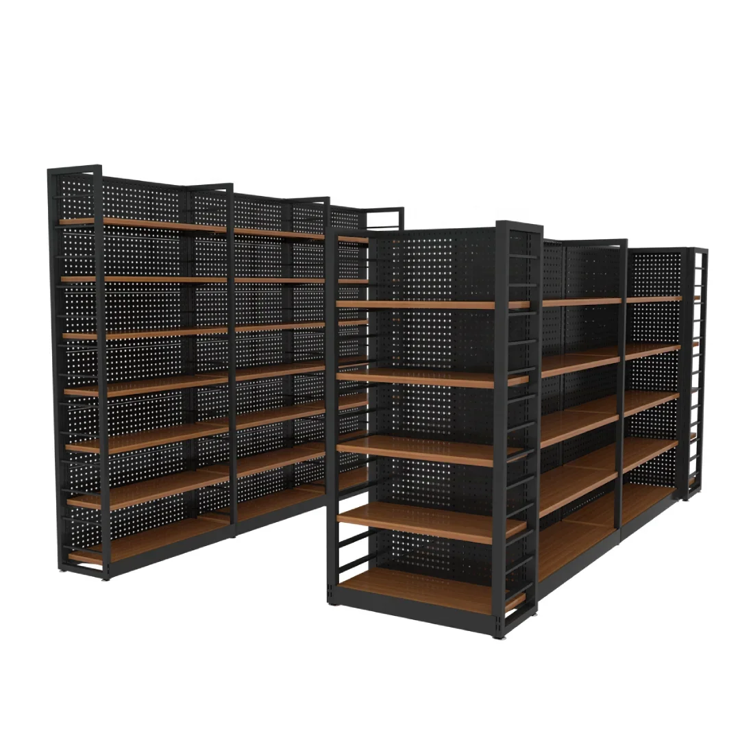 2026 Custom Commercial Supermarket Gondola Iron Wood Display Shelf Store Grocery Product Metal Pegboard Display Rack Stand