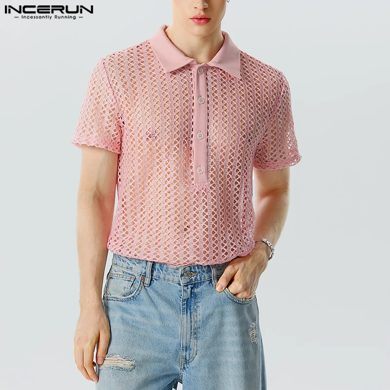 

INCERUN Men Shirt Mesh Transparent Hollow Out Sexy Lapel Short Sleeve Men Clothing Streetwear 2026 Solid Fashion Camisas S-5XL