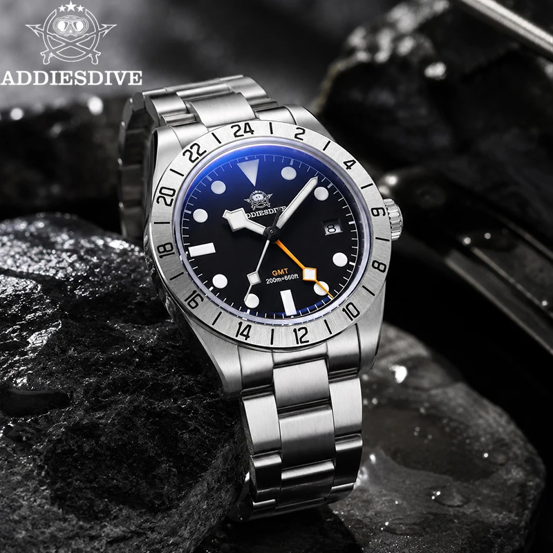 

ADDIESDIVE Men Quartz Watch 515-24H Dual Time Zone GMT Watches 200m Waterproof BGW9 Luminous Bubble Glass 316L Steel Wristwatch