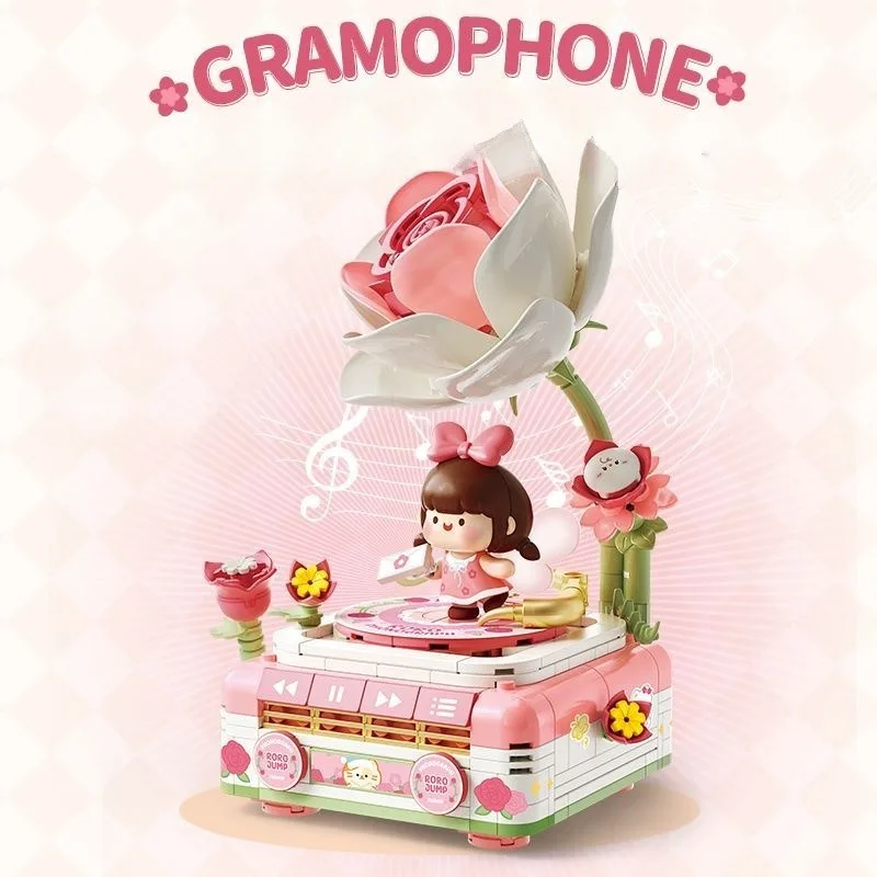 

Pink Phonograph Flowers Building Blocks Small Particles Architecture Kawaii Assembly Toy Model Room Decoration Assembly Gift
