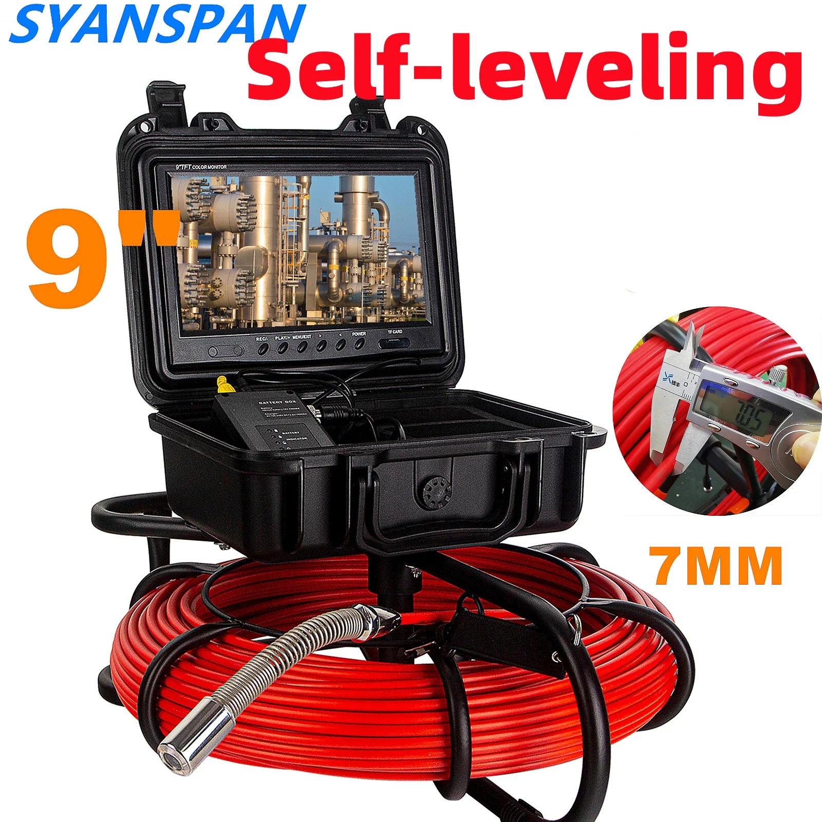 

SYANSPAN Self-leveling Pipe Inspection Camera 9Inch 1080P Screen Sewer Industrial Endoscope WIFI/DVR 8GB SD Card IP68 7MM Cable