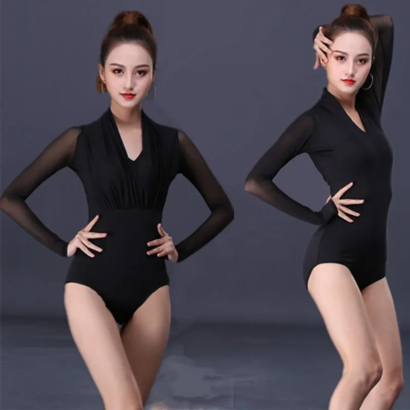 

New Latin Dance Clothes V-neck Top Women Adult New Long Sleeve Modern Dance Clothes Women Exercise Clothing Latin Dance Shirt