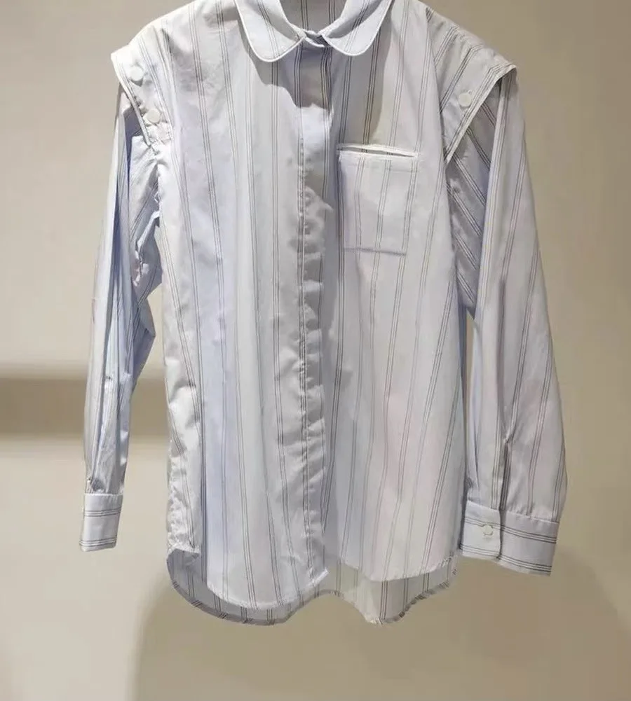 

Spring/Fall Women Peter Pan Collar Striped Print Detachable Long Sleeve Shirt Loose Button Pocket Fashion Casual Blouse