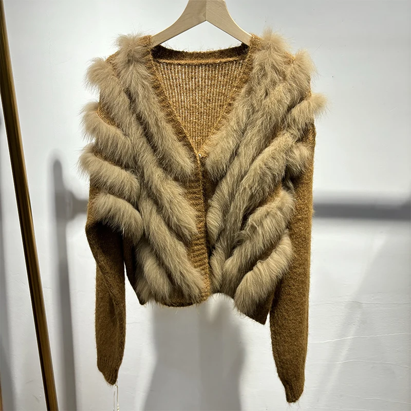 

2025 женский осенний белый свитер из верблюжьего натурального лисьего меха с внешним украшением для девочек, вязаное пальто с длинными рукавами