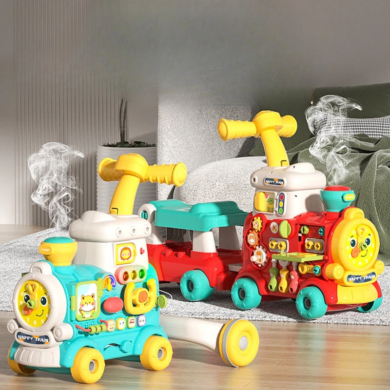 幼児用プッシュウォーカー、蒸気機関車のおもちゃ付き、多機能ベビー学習車、早期教育とエンターテイメント、安定した三角形