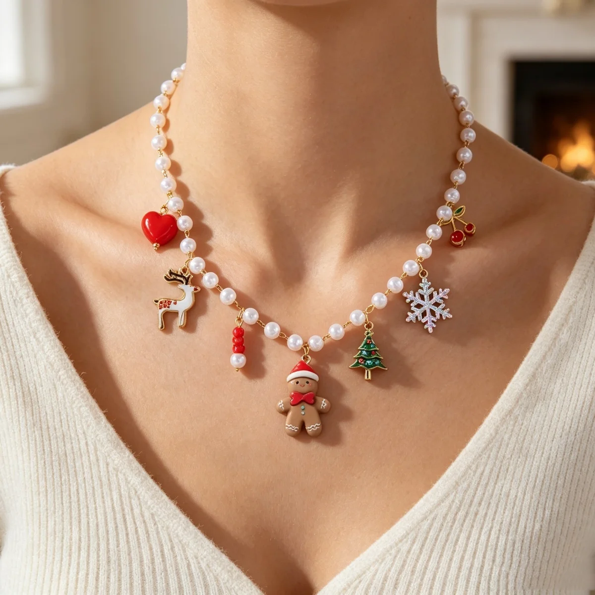 Weihnachts-Halskette mit Lebkuchenmann, Weihnachtsbaum, Hirsch, Schneeflocke, simulierten Perlen für Damen und Herren, Weihnachtsmann-Glocken, Choker, Party-Schmuck – Detail 6